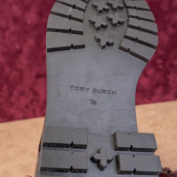 Tory Burch Wmn Miller Shearling Lined Burgundy Leather Zip Combat Boots sz 7 - Picture 7 of 9